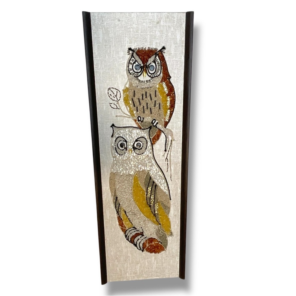 Vintage‎ MCM Owls Gravel Art Panel Pebble Mosaic Wall Hanging Mid Century Modern